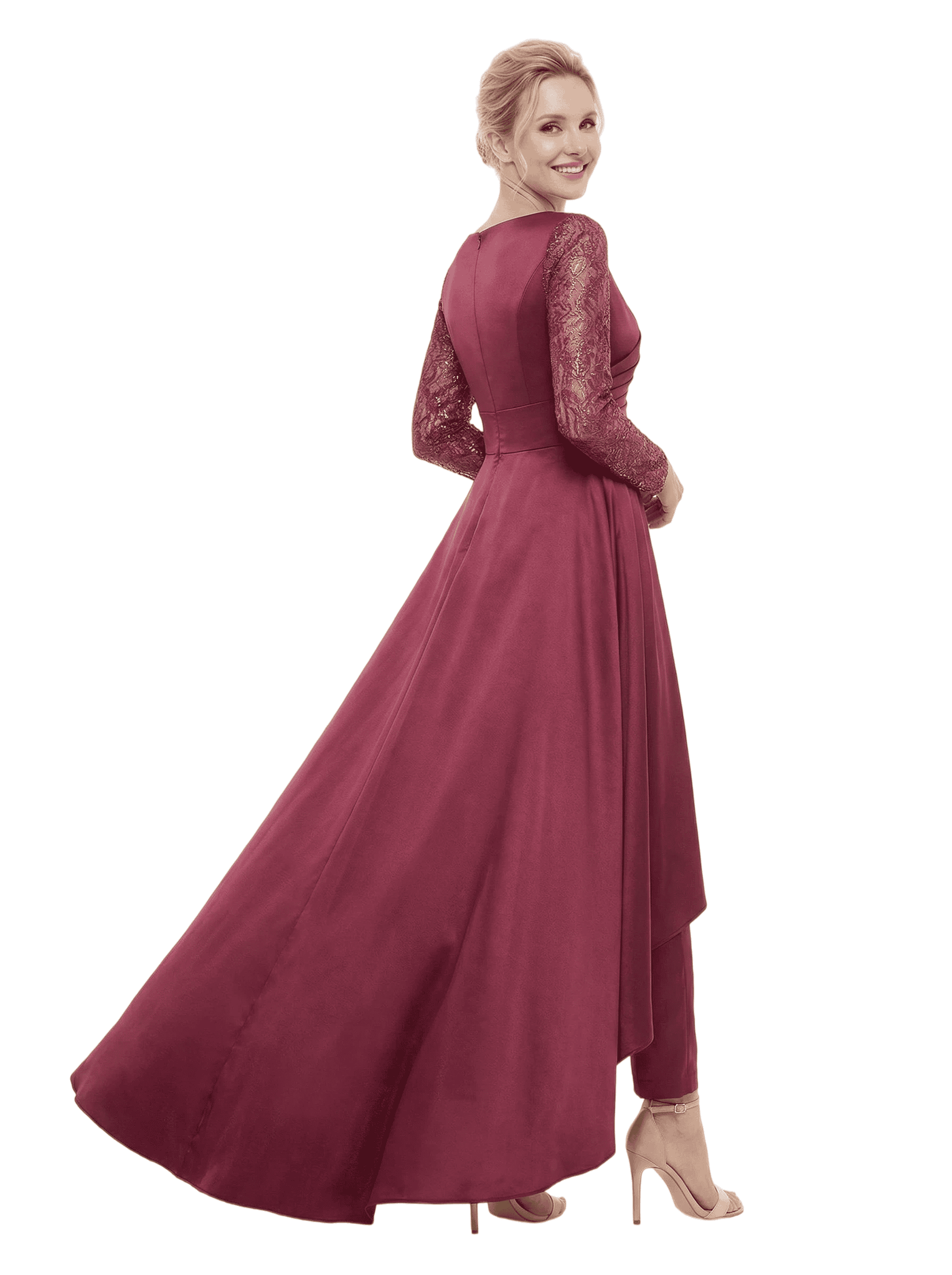 Chicsew Mother Of The Bride Dresses Jewel Long Sleeves Satin High-Low Gown Elegant