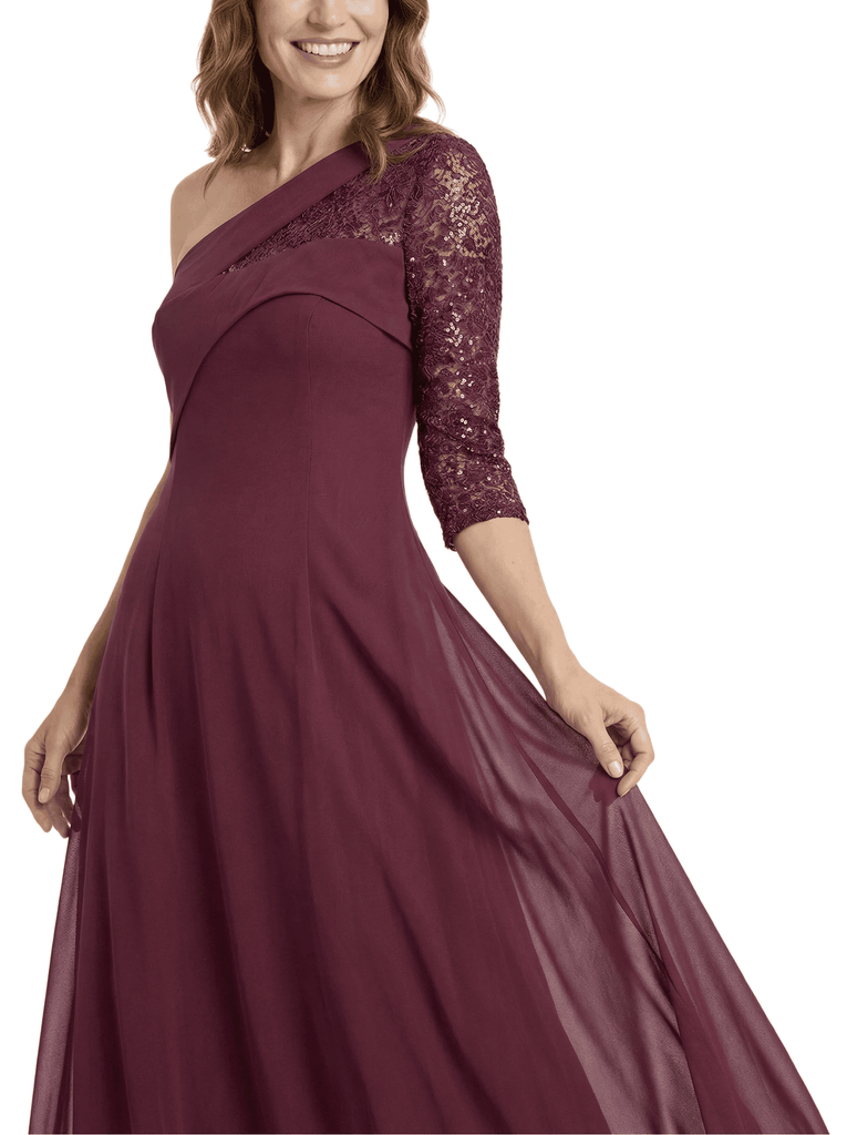 Chicsew Elegant One Shoulder 3/4 Sleeves Chiffon Mother of The Bride Gown
