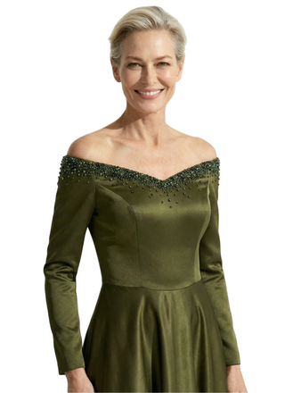 Sexy Off Shoulder Beading Long Sleeves A-Line Satin Mother of the Groom Evening Dress