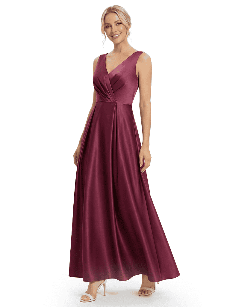 Chicsew Elegant V-Neck Sleeveless Satin Floor-Length A-Line Mother Of The Bride Dress