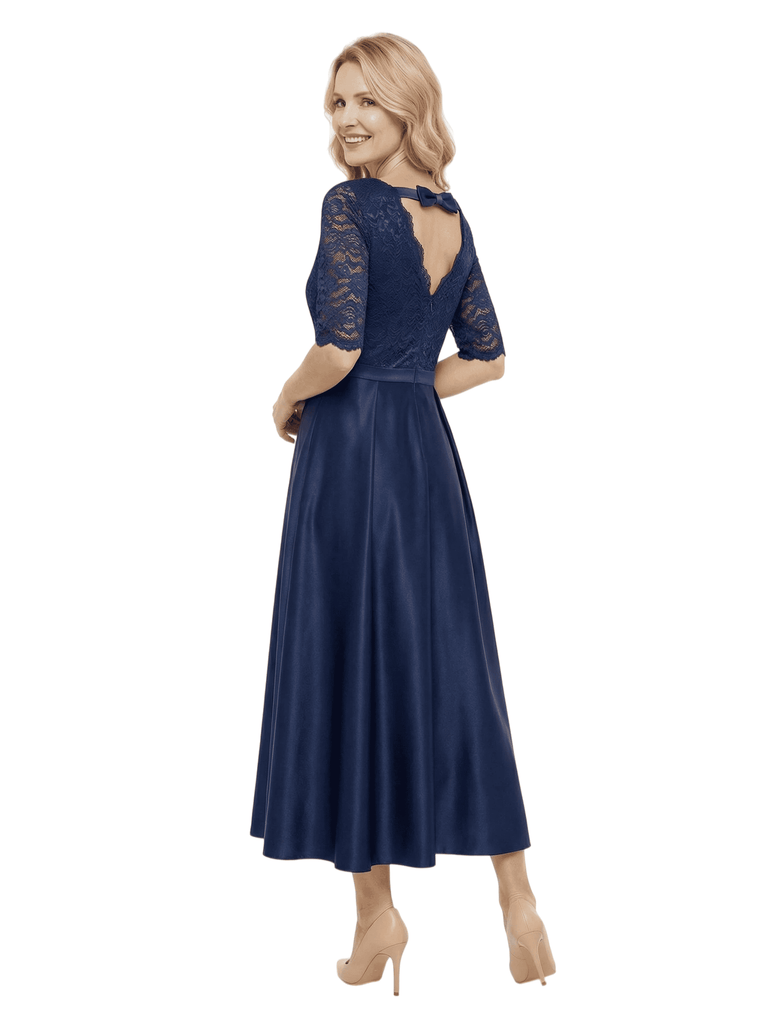 Chicsew Elegant Boat Neck Lace 3/4 Sleeves Satin Ankle-Length A-Line Mother Of The Bride Dress