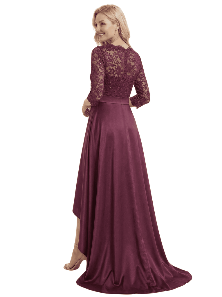 Chicsew Elegant Mother Of The Bride Dress V-Neck 3/4 Sleeve Lace Satin High-Low Gown