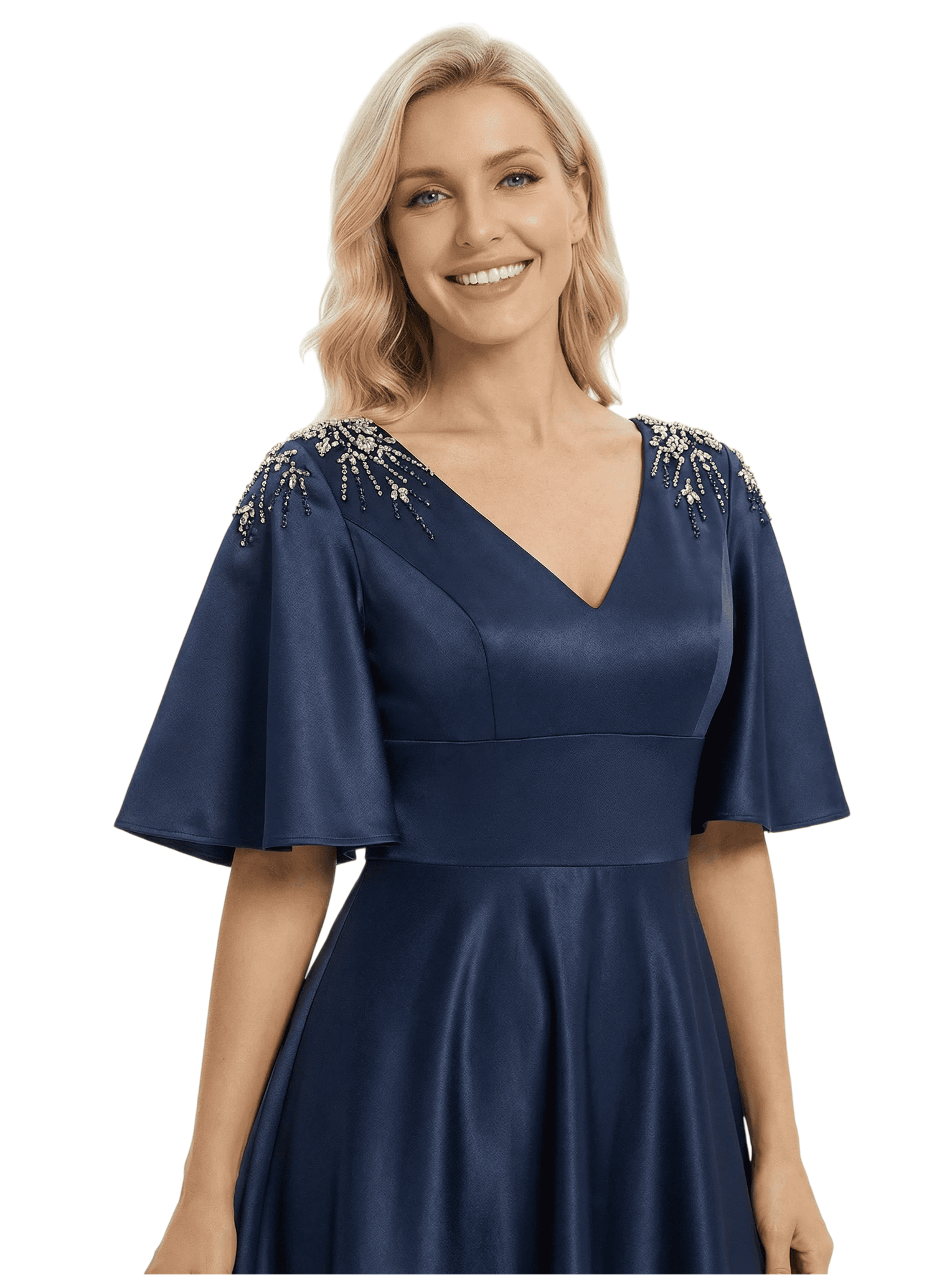 Chicsew Elegant Mother Of The Bride Dress V-Neck Short Sleeves Satin A-Line Tea-Length Gown