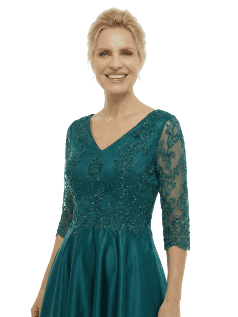 Chicsew Classy Mother of The Bride Dress V-Neck 3/4 Sleeves Beaded Bodice High-Low Satin Fabric Pockets Flowy Glamorous Formal Wedding Event Gown