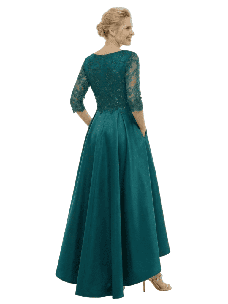 Chicsew Classy Mother of The Bride Dress V-Neck 3/4 Sleeves Beaded Bodice High-Low Satin Fabric Pockets Flowy Glamorous Formal Wedding Event Gown