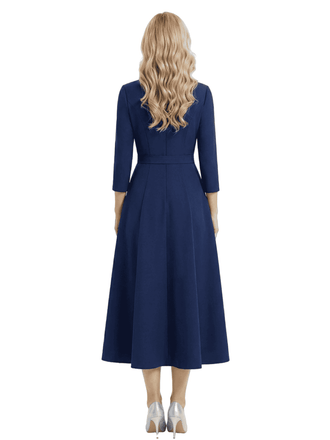 Chicsew Mother of The Bride Dresses V-Neck 3/4 Sleeve Satin Tea Length Crepe Gown Elegant Flowy Formal Wedding Event Attire