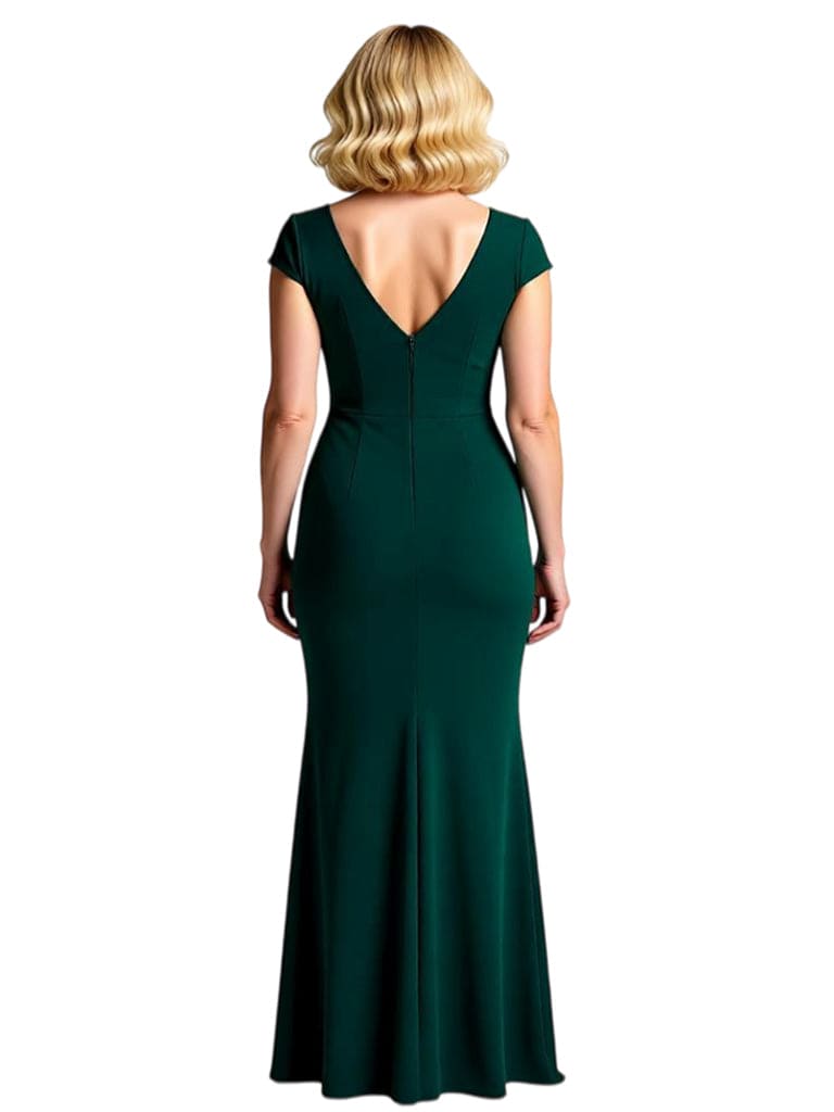 Chicsew Elegant V-Neck Cap Sleeves Mermaid Mother Of The Groom Dress With Ruffle Side Slit