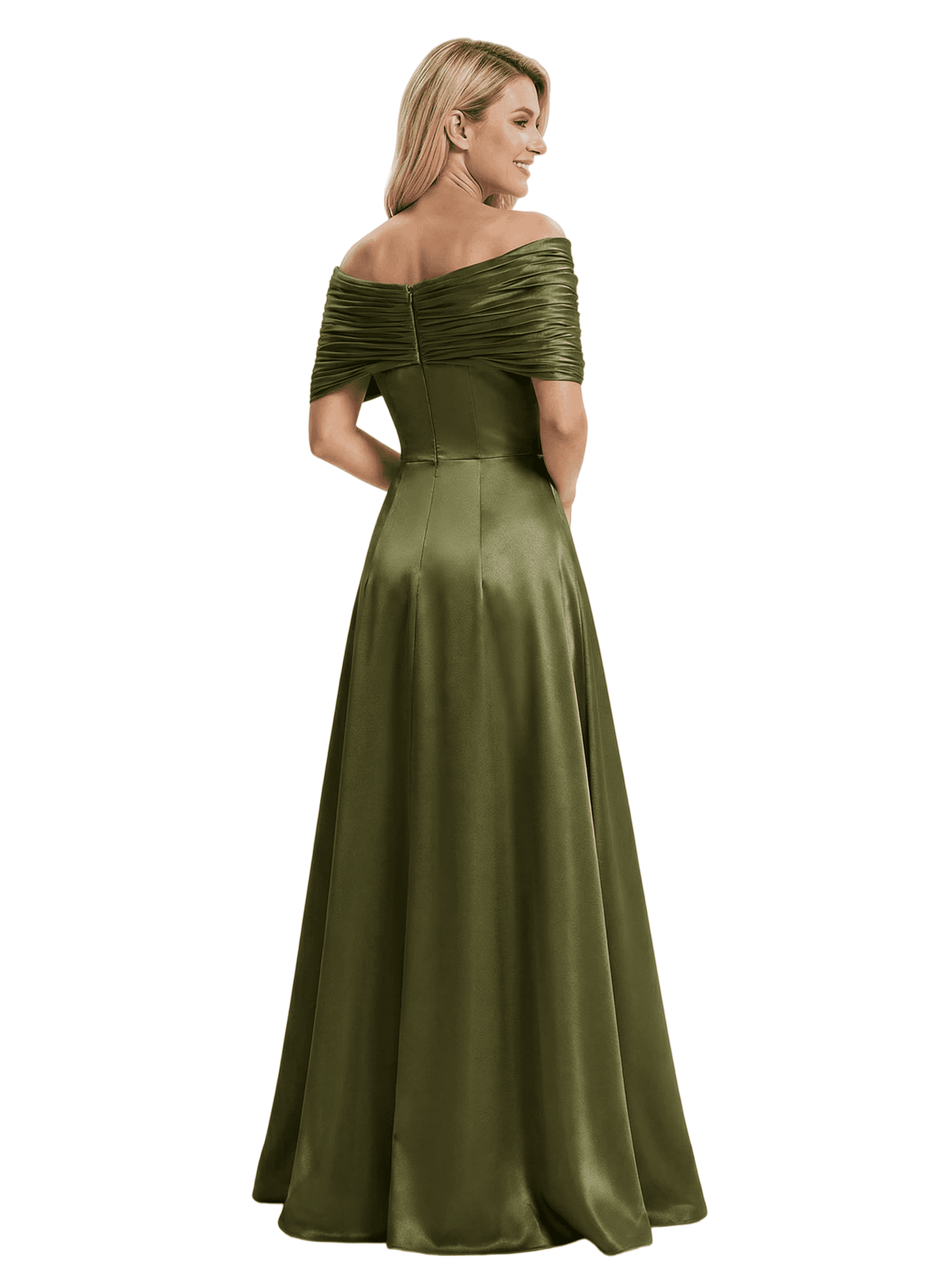 Beautiful Off The Shoulder Satin Mother Of The Bride Dress Ruched Sleeves A-Line Maxi Gown