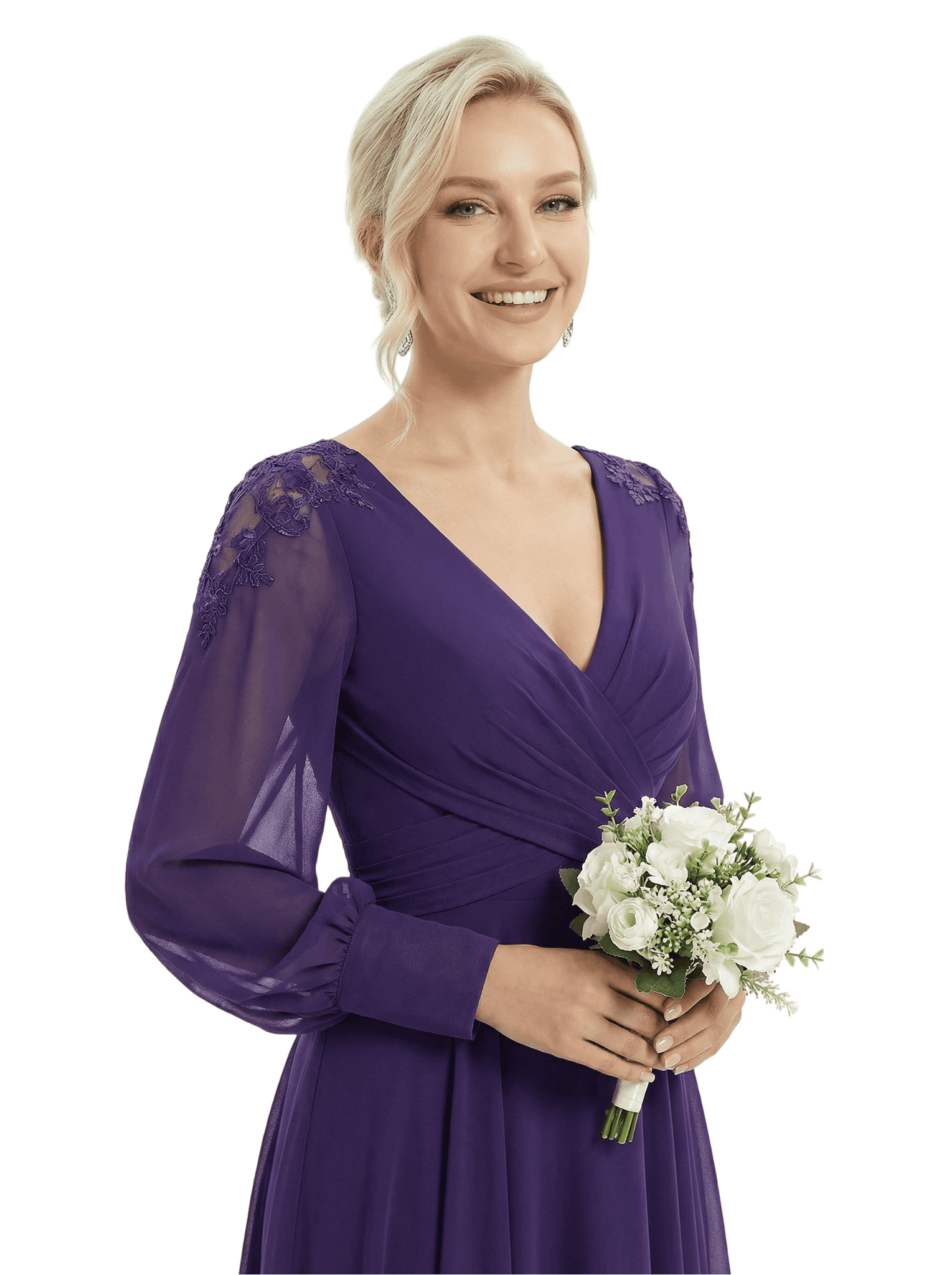 Chicsew Mother Of The Bride Dresses V-Neck Long Sleeve Slit Lace Chiffon Maxi Gown Classy Ruched