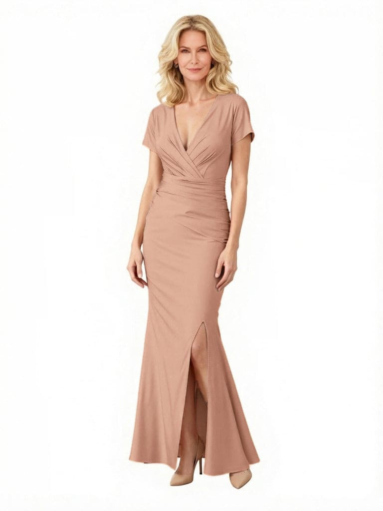 Elegant Crepe V-Neck Side Slit Short Sleeves Mermaid Long Mother of the Bride Dresses