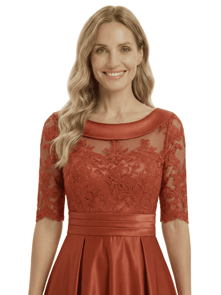 Elegant Mother of The Bride Satin Gown Boat Neck Half Lace Sleeve High Low Hem Formal Wedding Dress for Moms