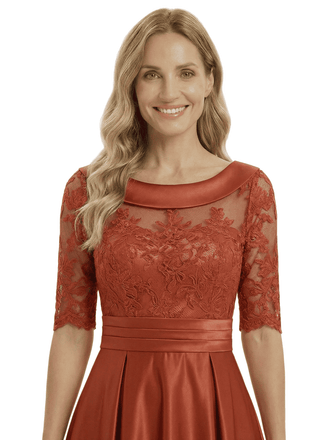 Elegant Mother of The Bride Satin Gown Boat Neck Half Lace Sleeve High Low Hem Formal Wedding Dress for Moms