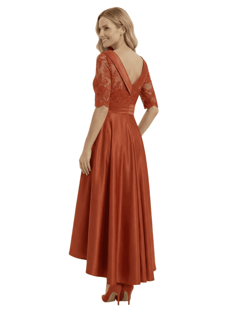 Elegant Mother of The Bride Satin Gown Boat Neck Half Lace Sleeve High Low Hem Formal Wedding Dress for Moms