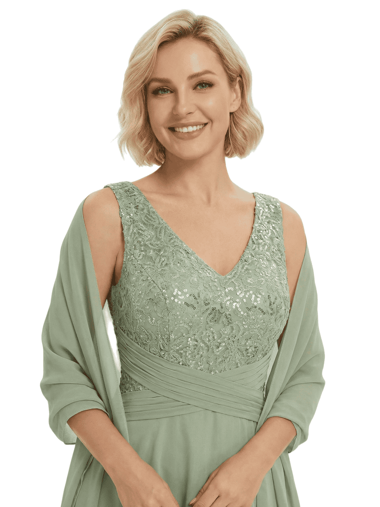 Classy Mother of The Groom Dress V-Neck Lace Applique Chiffon Long Flowy Evening Gown