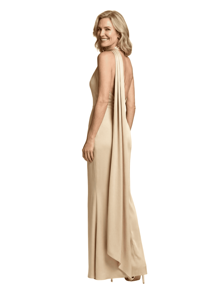 Halter Neck Satin Mother Of The Bride Dress Sheath Maxi Gown With Open Back Cape Chic Formal Wedding Attire