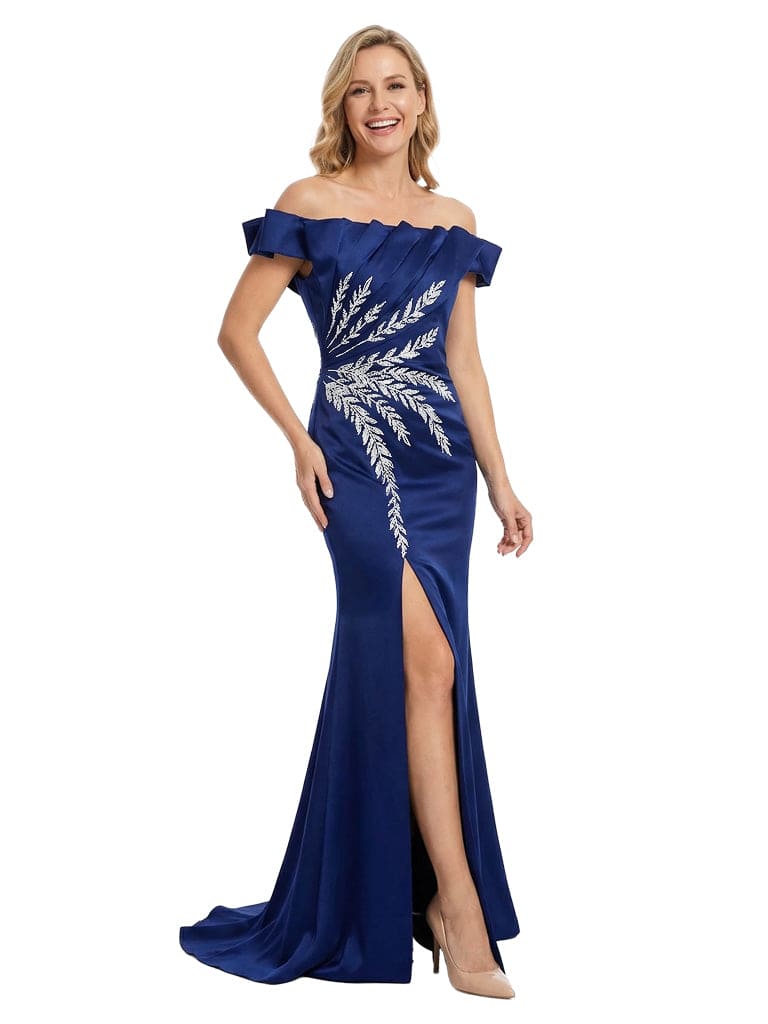 Elegant Off The Shoulder Satin Mermaid Floral Applique Mother of the Bride Dresses With Side Slit