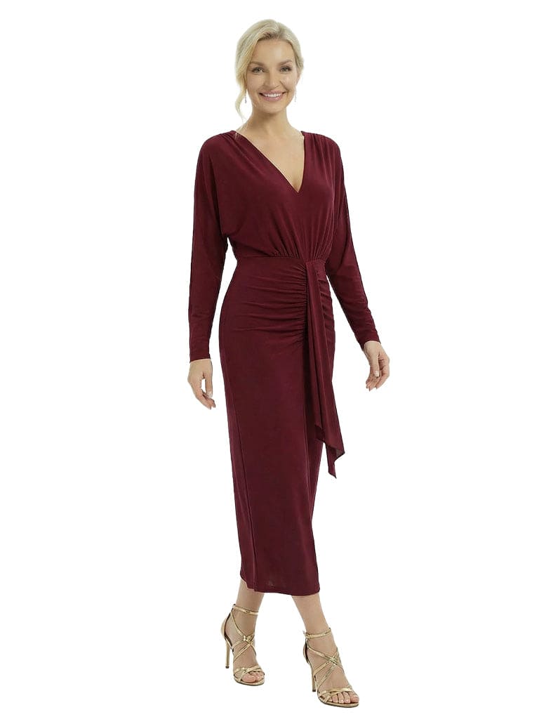 Sophisticated V-Neck Long Sleeves Ruched Chiffon Ankle-Length Sheath Mother Of The Groom Evening Dress