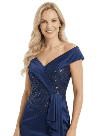 Sexy V-Neck Off The Shoulder Satin Side Slit Mermaid Lace Mother Of The Bride Dress