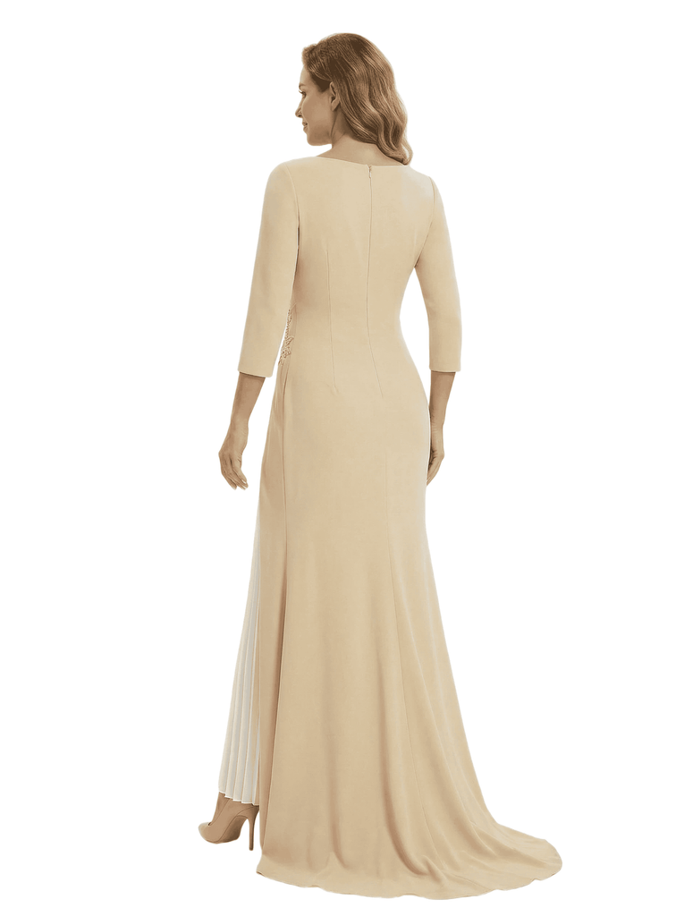 Chicsew Mother of The Groom Dress Elegant Crew Scoop 3/4 Sleeve Crepe Maxi Gown Pleated Detail Classy Look