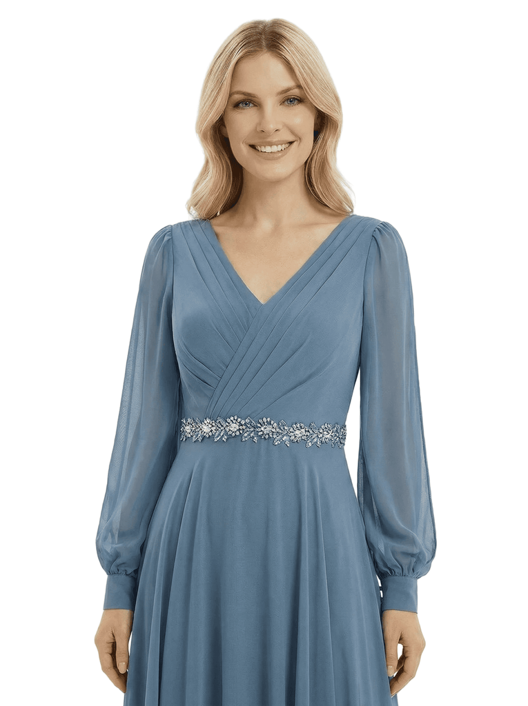 Beautiful V-Neck Long Sleeves Chiffon Pleated A-Line Beaded Long Mother Of The Bride Gown