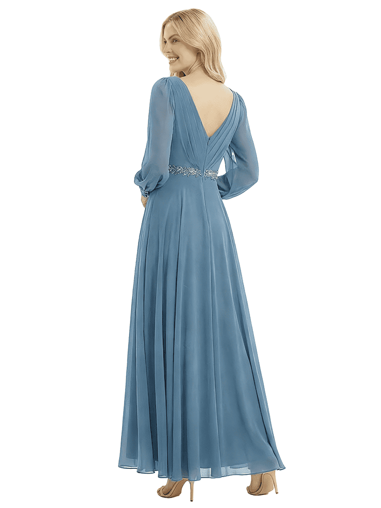 Beautiful V-Neck Long Sleeves Chiffon Pleated A-Line Beaded Long Mother Of The Bride Gown