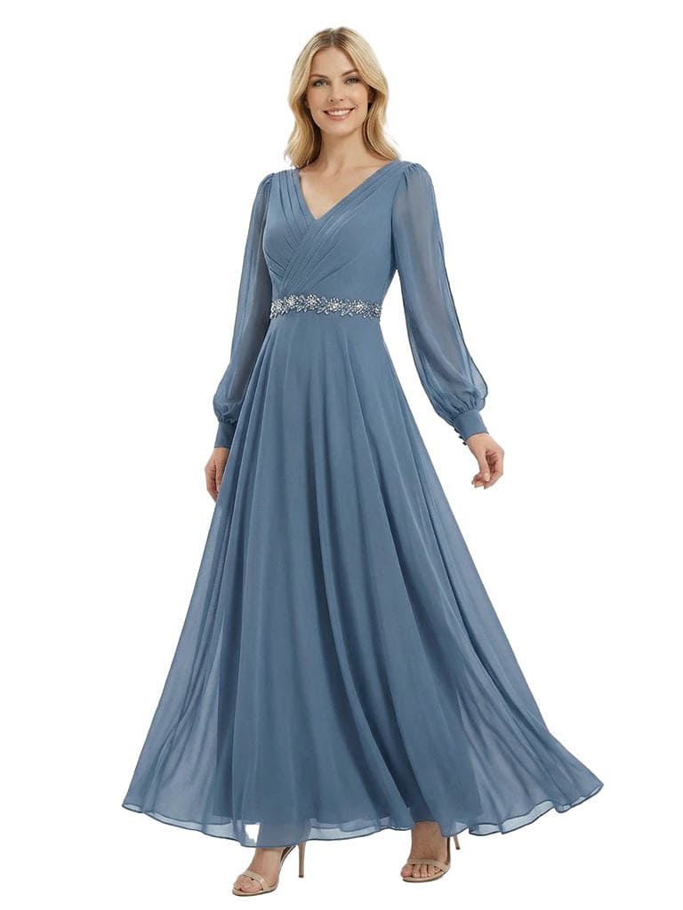 Beautiful V-Neck Long Sleeves Chiffon Pleated A-Line Beaded Long Mother Of The Bride Gown