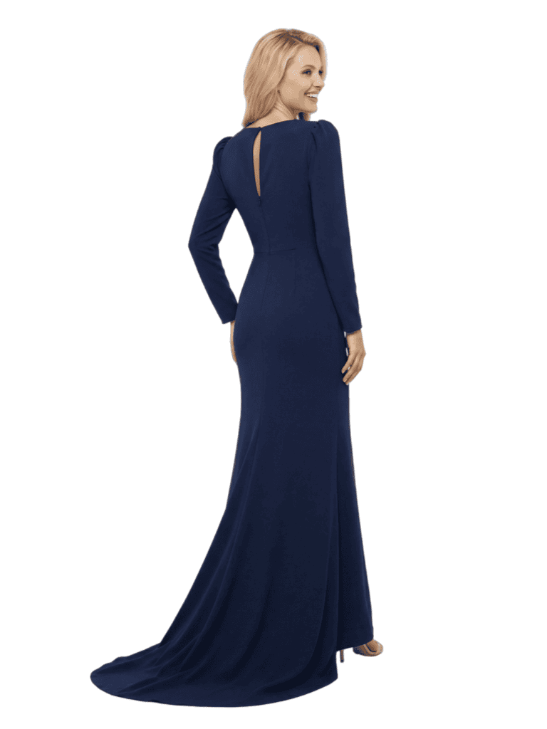 Chicsew Sophisticated Mother of The Groom Dress V-Neck Long Sleeves Ruffled Detail Fitted Train Jersey Fabric Timeless Elegant Formal Wedding Event Gown