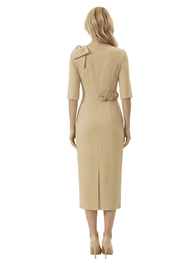 Chicsew Mother of The Bride Dress Pretty V-Neck Half Sleeve Crepe Sheath Midi Gown Floral Accent Stylish