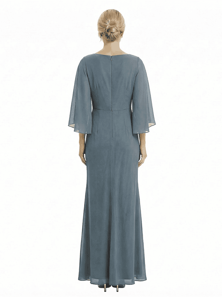 Unique Flutter Sleeves Jewel Chiffon Ruched Sheath Maxi Dress For Mother Of The Bride With Applique