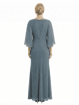 Unique Flutter Sleeves Jewel Chiffon Ruched Sheath Maxi Dress For Mother Of The Bride With Applique