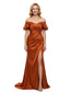 Exquisite Lace Applique Off The Shoulder Satin Ruched Mother Of The Bride Gown With Side Slit
