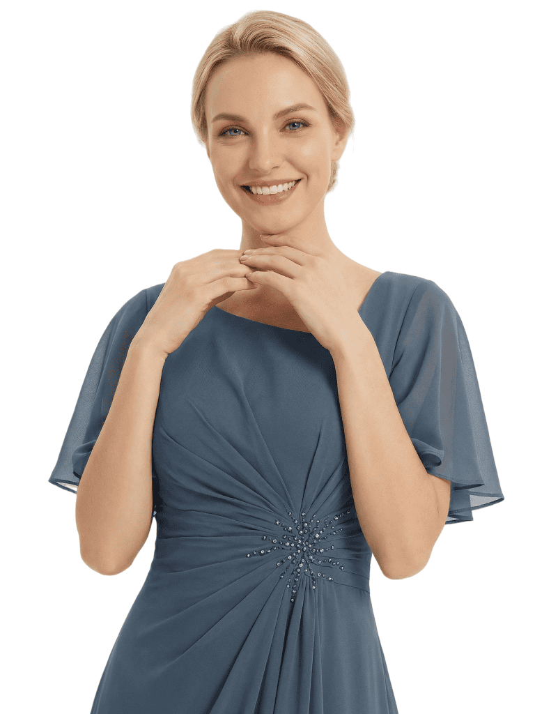 Beautiful Asymmetrical Neck Flutter Sleeve Chiffon Long Gown Chic Mother of The Groom Dresses