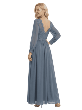 Stylish Mother of The Bride Dresses Unique V-Neck Long-Sleeve Lace Chiffon Formal Bridal Event Dress