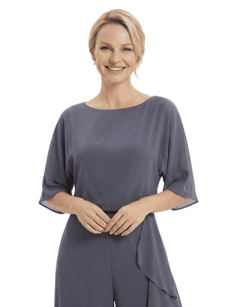 Gorgeous Mother of The Groom Unique Scoop Neck Half-Sleeve Chiffon Formal Wedding Pantsuit