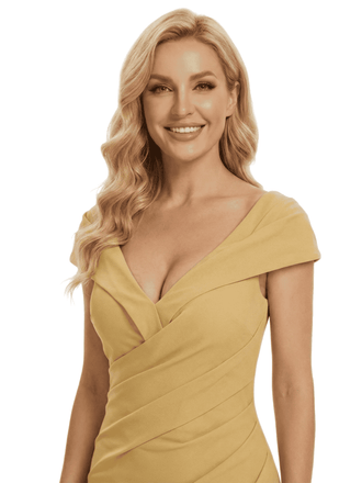 Chicsew Alluring Mother of The Bride Dress V-Neck Cap Sleeve Fitted Mermaid Satin Fabric Ruched Detail Pretty Elegant Formal Wedding Gown