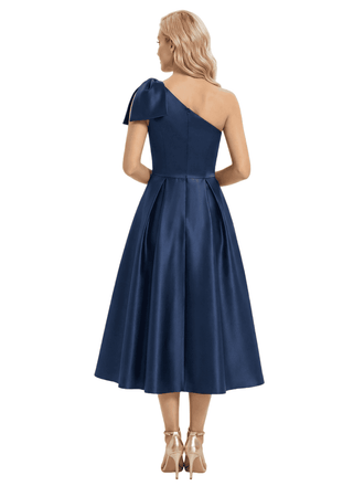 Gorgeous One Shoulder Satin Tea-Length Gown Fancy Bow-Detailed Mother of The Bride Dresses