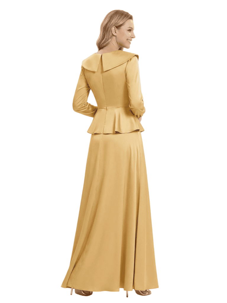 Chicsew Mother of The Bride Dresses V-Neck Sleeveless Satin Peplum Maxi Gown Fancy Flower Detailed Formal Wedding Dress