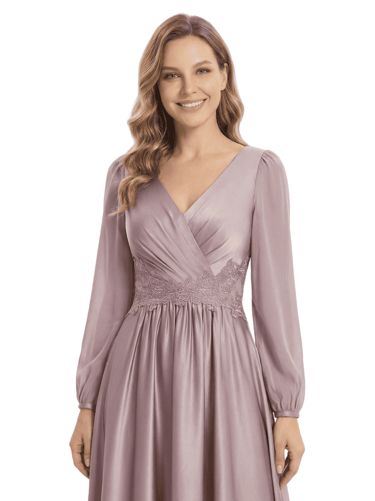 Chicsew Mother of The Groom Dresses V-Neck Long Sleeve Satin Maxi Gown Pretty Lace Detailed Formal Bridal Event Dress