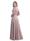 Chicsew Mother of The Groom Dresses V-Neck Long Sleeve Satin Maxi Gown Pretty Lace Detailed Formal Bridal Event Dress