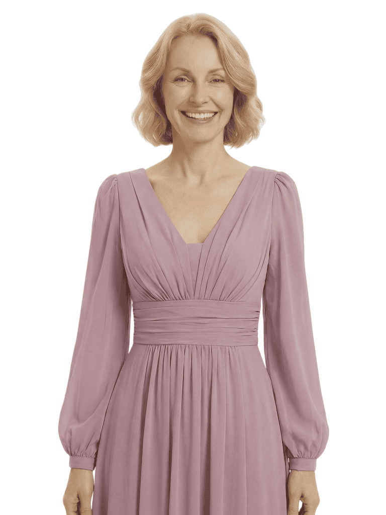 Chicsew Mother of The Bride Dresses V-Neck Long Sleeve Chiffon Maxi Gown Classy Ruched Formal Wedding Event Attire