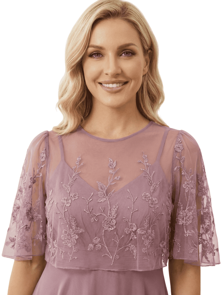 Chicsew Mother of The Groom Dresses Scoop Cape Sleeve Chiffon Maxi Gown Pretty Lace Applique Formal Bridal Event Dress