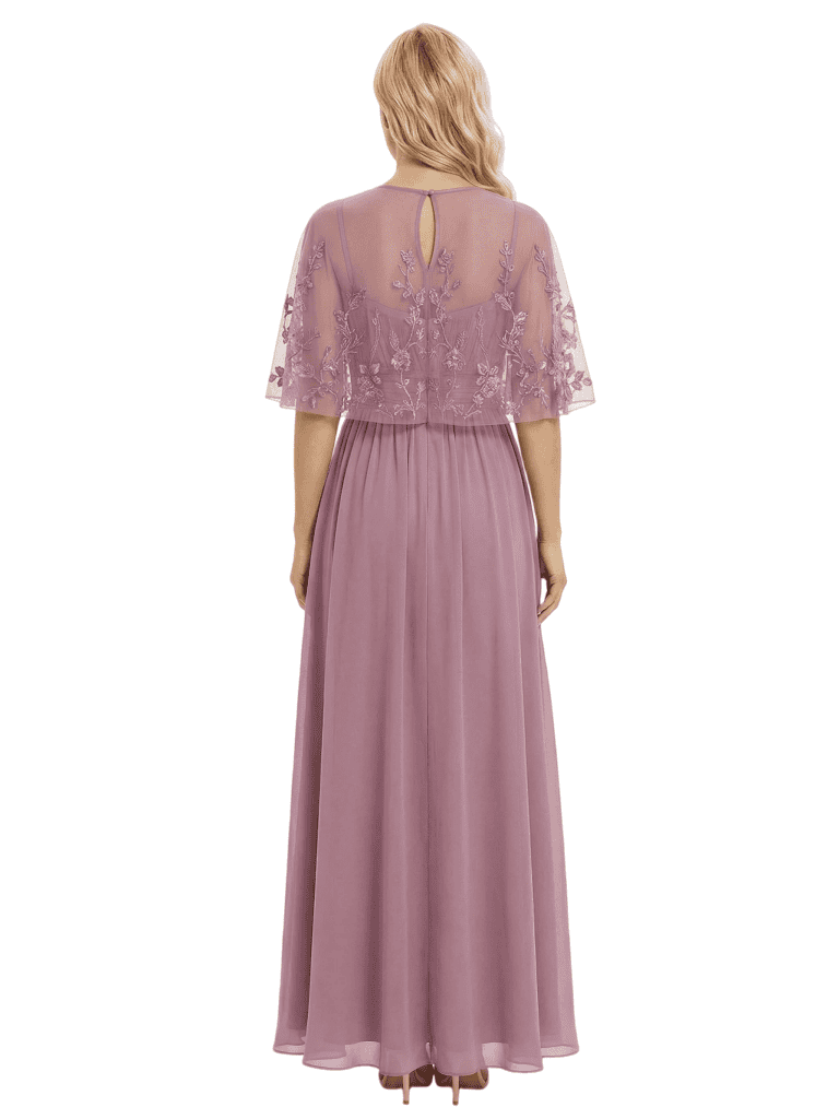 Chicsew Mother of The Groom Dresses Scoop Cape Sleeve Chiffon Maxi Gown Pretty Lace Applique Formal Bridal Event Dress