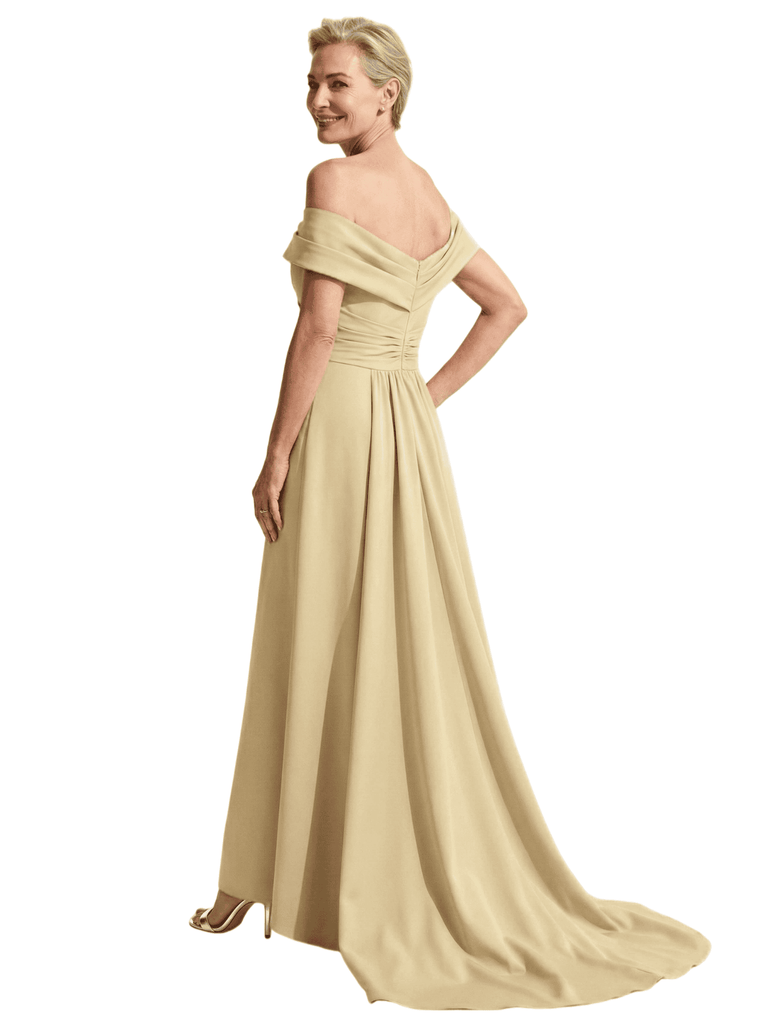 Chicsew Mother of The Bride Dress Gorgeous Off Shoulder Sleeveless Crepe High-Low Maxi Gown
