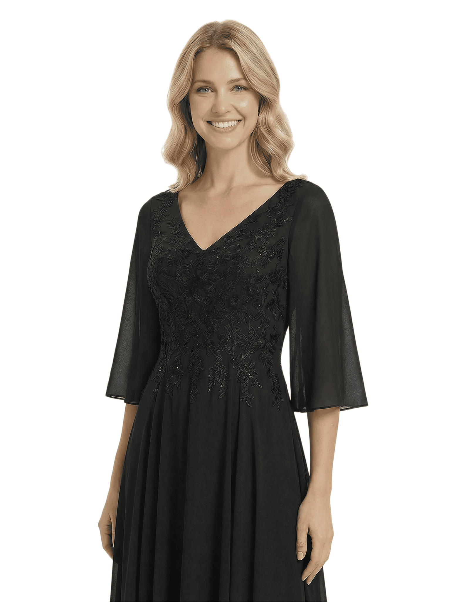 Chicsew Elegant V-Neck 3/4 Sleeves A-Line Lace Appliques Chiffon Mother Of The Bride Dress