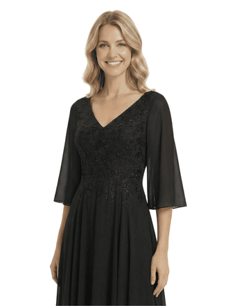 Chicsew Elegant V-Neck 3/4 Sleeves A-Line Lace Appliques Chiffon Mother Of The Bride Dress