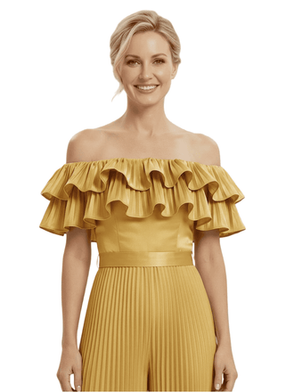 Chicsew Mother of Bride Jumpsuit Fancy Ruffled Satin Wide Leg Outfit Unique Stylish Design