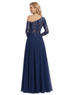 Chicsew Mother Of The Bride Dresses Asymmetric One Shoulder Long Sleeve Lace Chiffon Maxi Gown