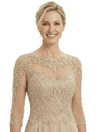 Chicsew Mother of The Bride Dresses Scoop Long Sleeve Lace Chiffon Maxi Gown Pretty Embroidered Formal Wedding Event Attire