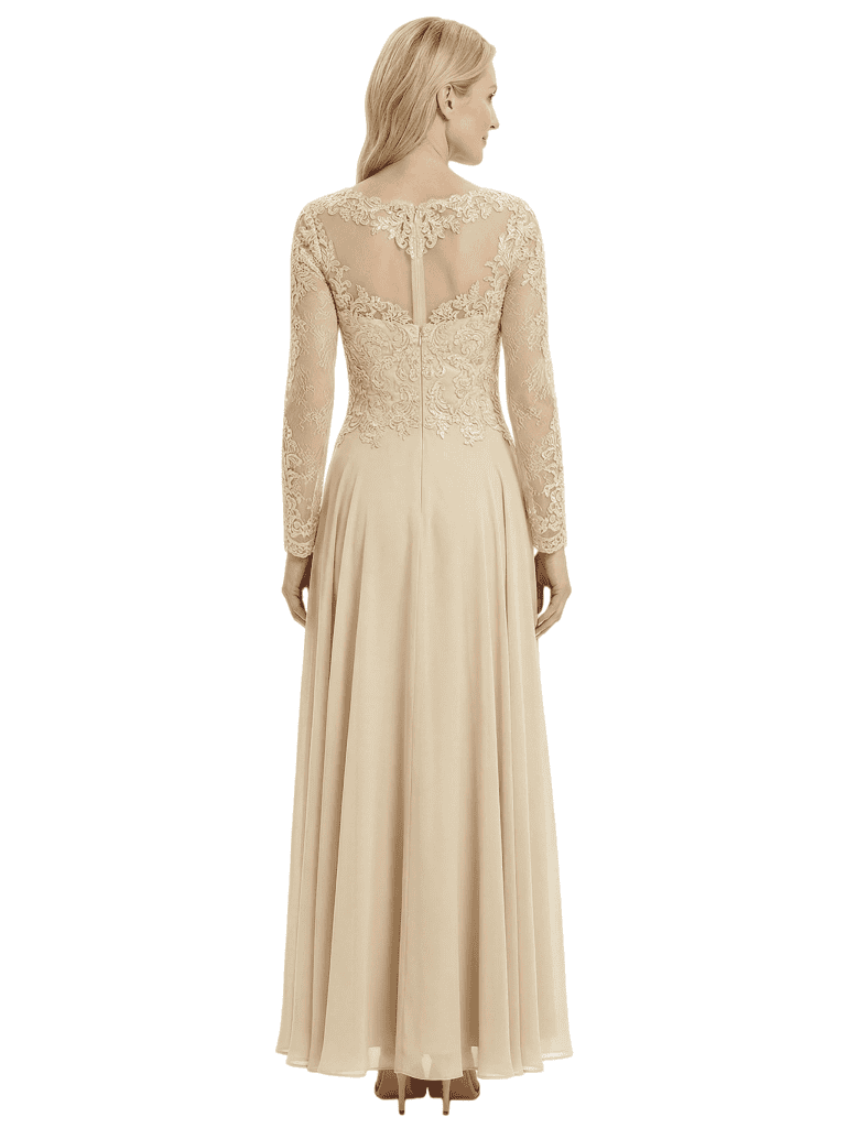 Chicsew Mother of The Bride Dresses Scoop Long Sleeve Lace Chiffon Maxi Gown Pretty Embroidered Formal Wedding Event Attire