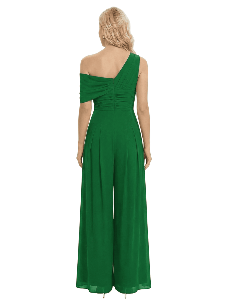Chicsew Mother of The Bride Jumpsuit Modern One Shoulder Ruched Chiffon Wide Leg Long Outfit Flowy Silhouette